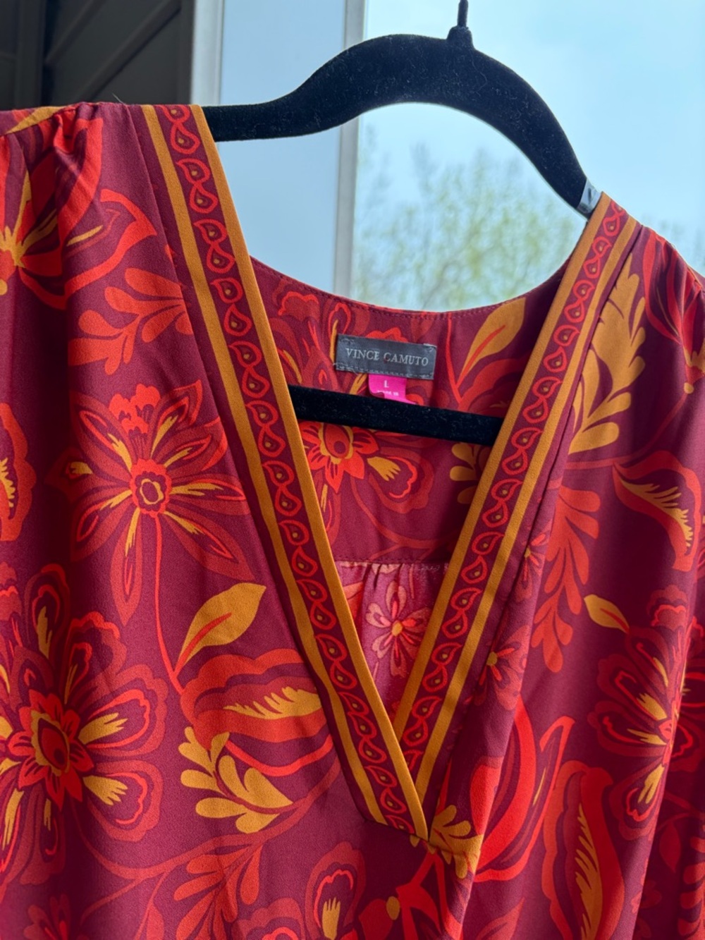 🆕🍎 Vince Camuto Boho Floral Maxi Dress Red Orange Tiered Size L Summer Flowy - Picture 12 of 16